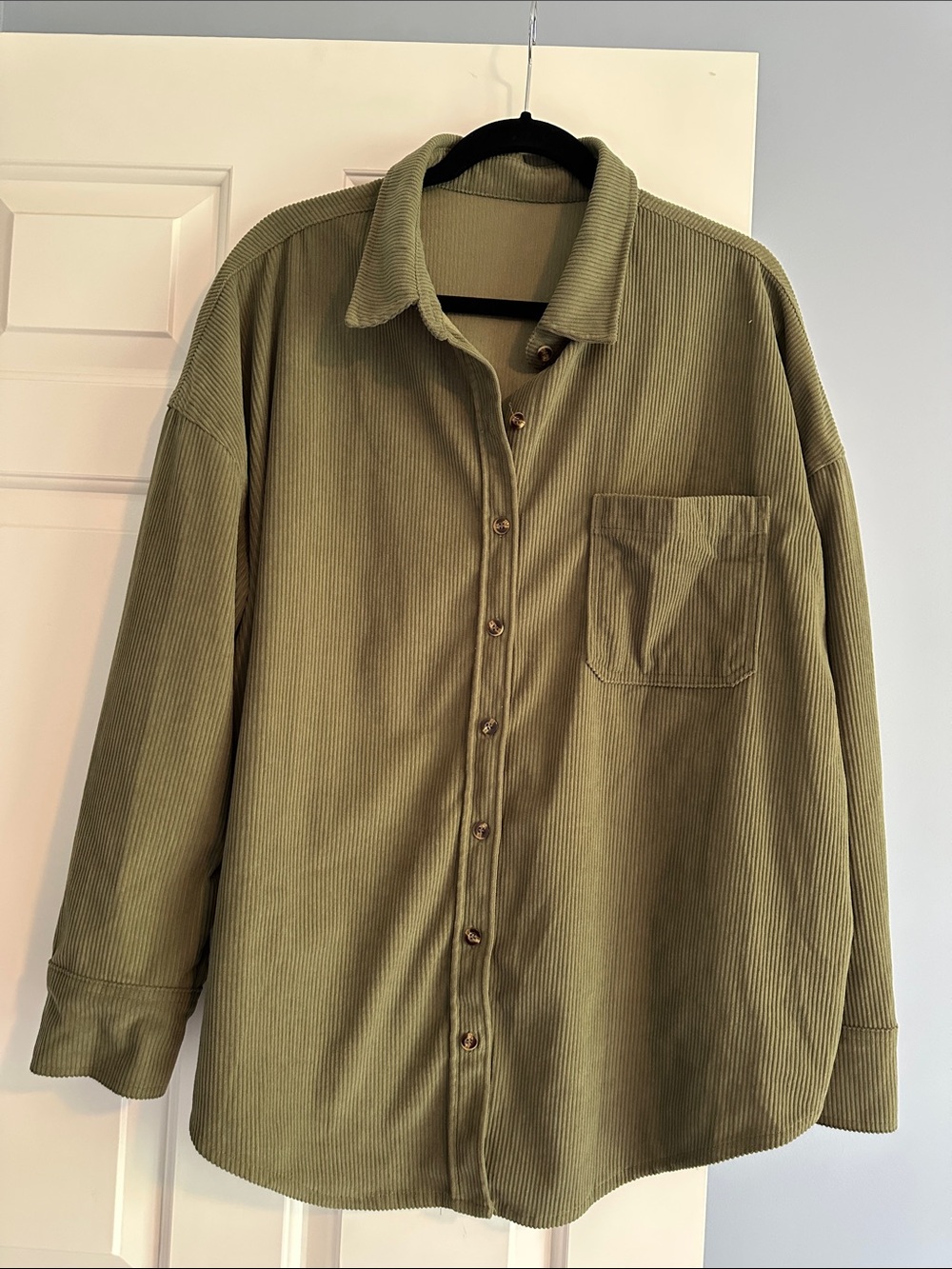 Oversized Corduroy Button-Up Shirt in Olive Green